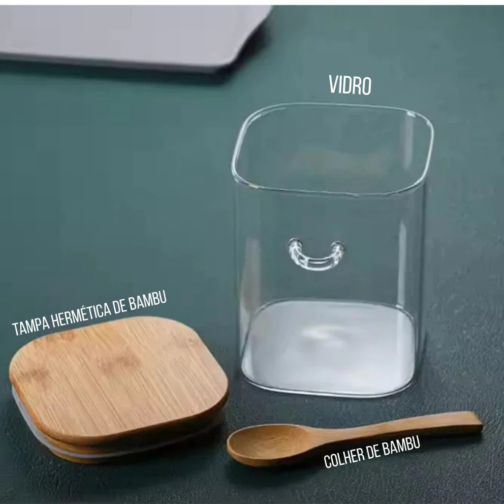 Kit Porta-Tempero Hermético com Tampa de Bambu 250ML
