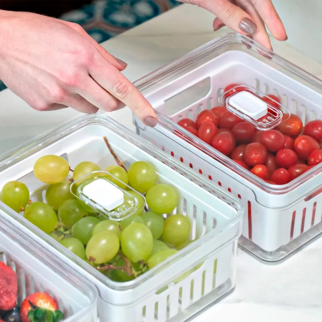 Kit “Organizador de Geladeira Acrílico com Tampa e Drenagem 2,2 L”