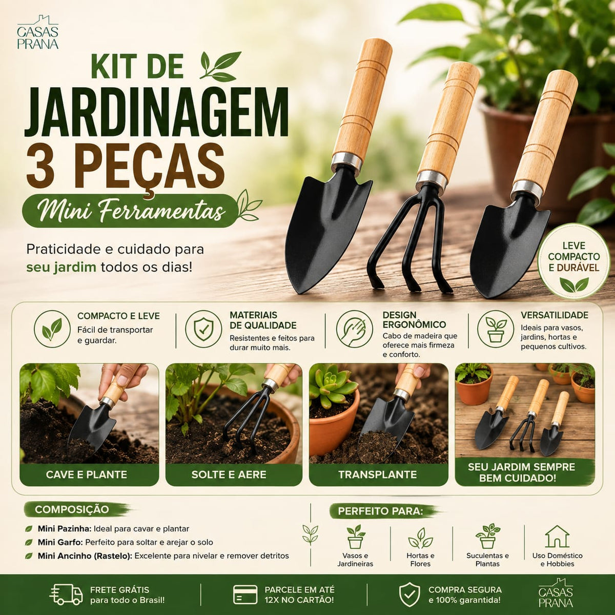 Kit de Jardinagem 3 Peças – Conjunto Mini Ferramentas