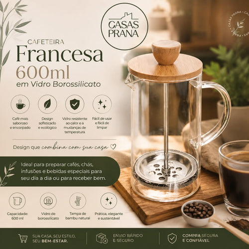 Cafeteira Francesa 600ml em Vidro Borossilicato