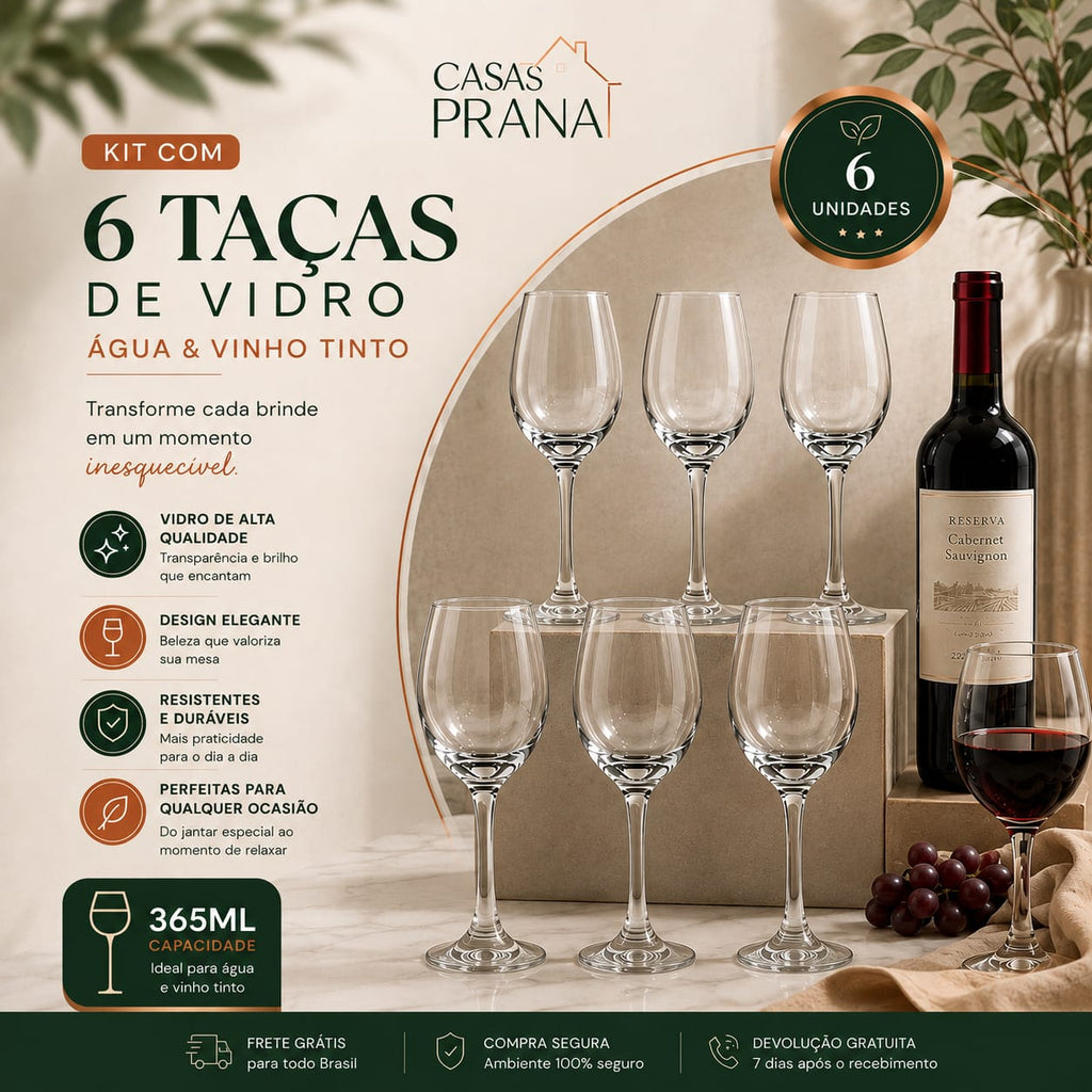 Kit com 6 Taças de Vidro Agua e vinho Tinto Luxo