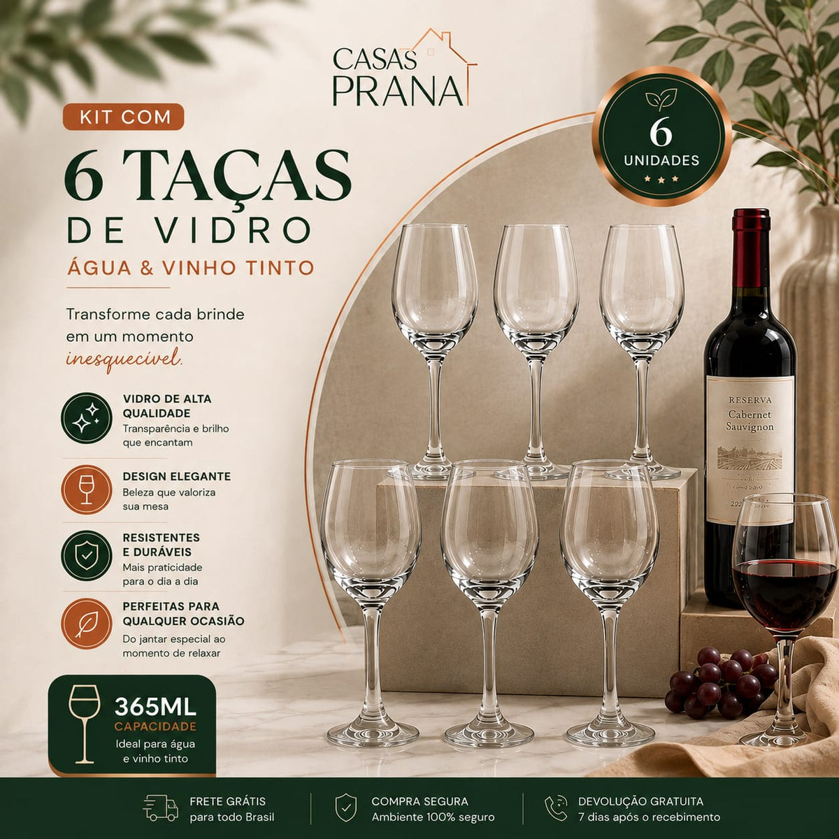 Kit com 6 Taças de Vidro Agua e vinho Tinto Luxo