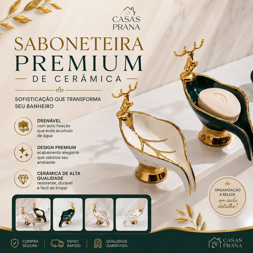 Saboneteira Premium de Cerâmica - Drenável com Auto Fixação