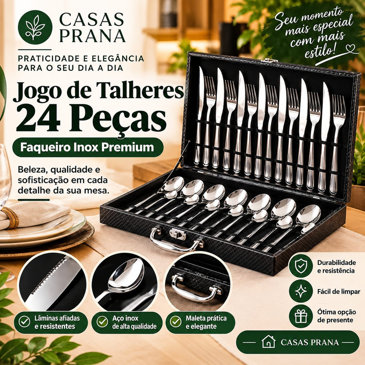 Jogo Talheres 24 Peças Faqueiro Inox Premium