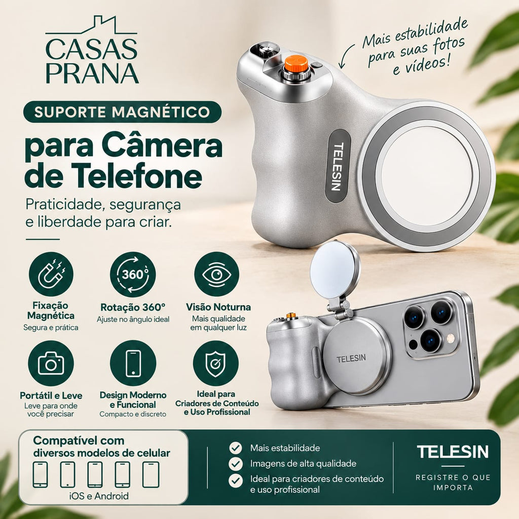 Suporte Magnético para Câmera de Telefone - Panorâmica 360° com Visão Noturna