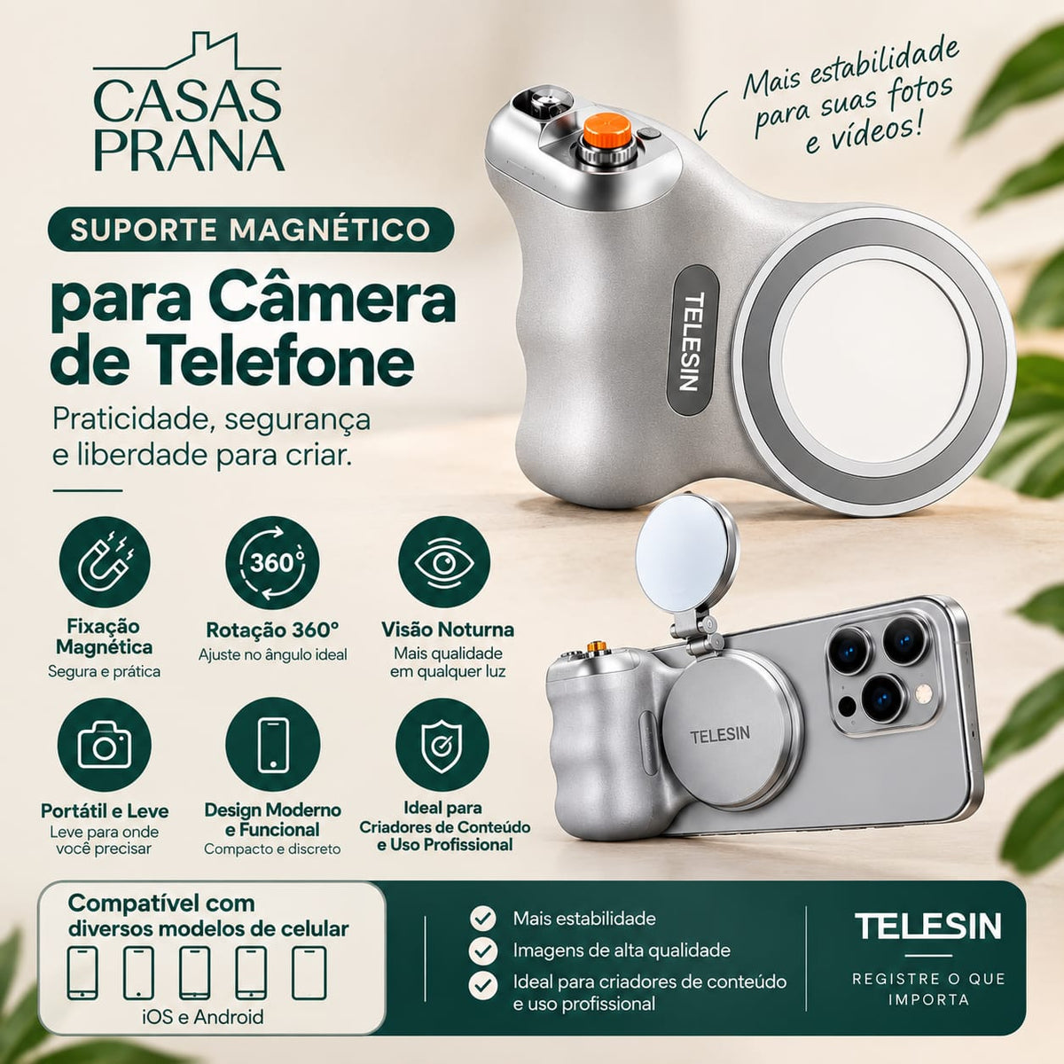 Suporte Magnético para Câmera de Telefone - Panorâmica 360° com Visão Noturna