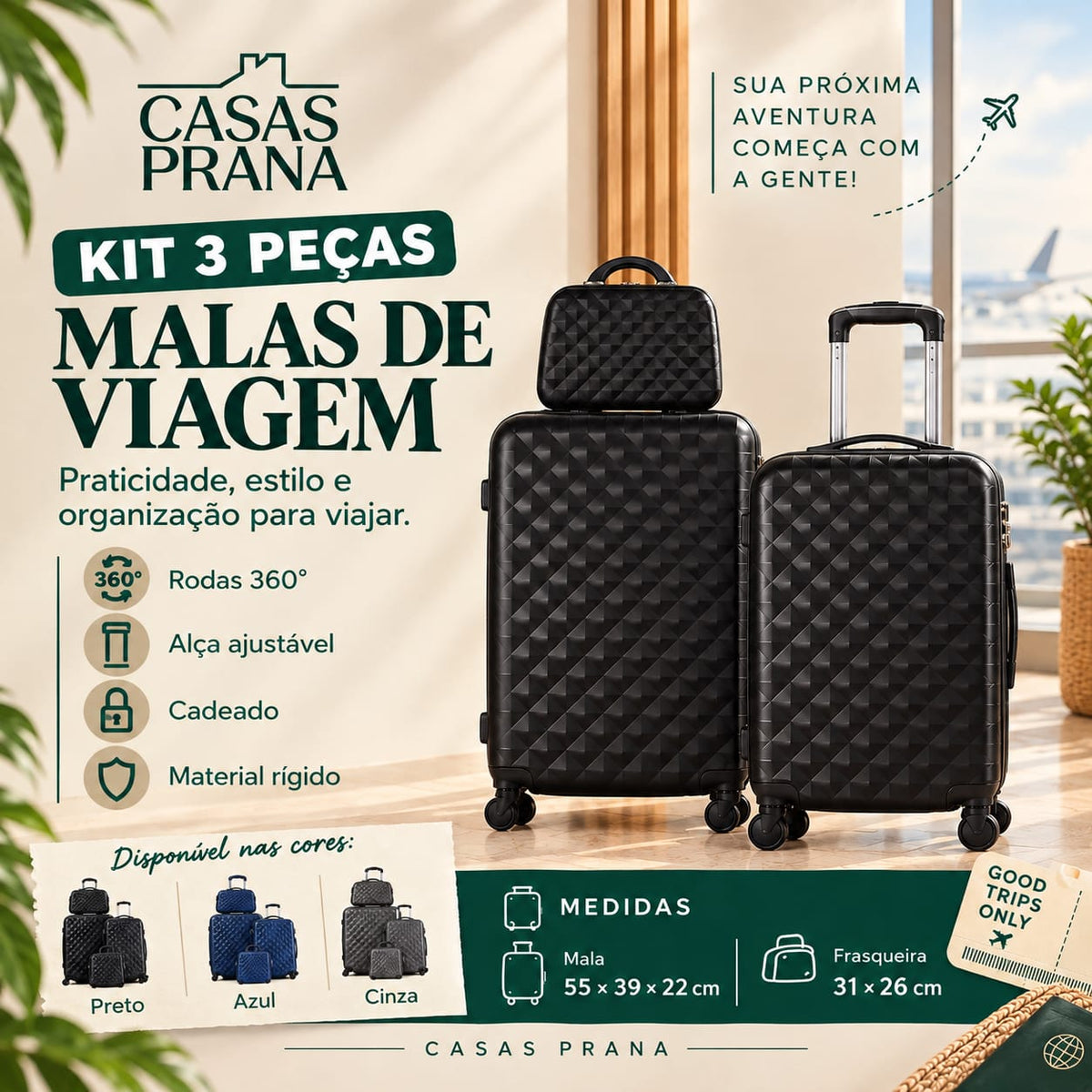 Kit de Malas de Viagem 3 Peças (Regulamentadas ANAC)