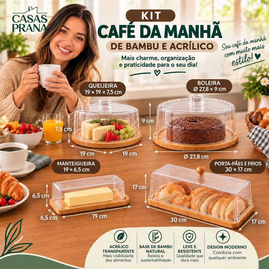 Kit Café da Manhã com 4 Peças – Queijeira, Bolera, Manteigueira e Porta-Pães.