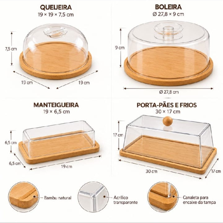Kit Café da Manhã com 4 Peças – Queijeira, Bolera, Manteigueira e Porta-Pães.